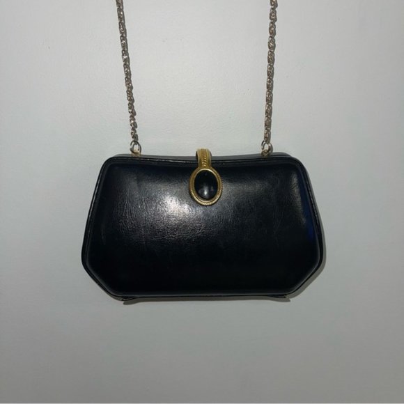 Vintage Farnell Paris Clutch Evening‎ Crossbody Bag Black Gold 1980s Solid Purse - Picture 4 of 8